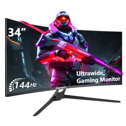 Suevery Monitor 34'' 144Hz Bandfish Screen Curved 1500R Gaming Bezel-Less Slim 400HDR Nits 100% SRGB Wide Color Gamut Fast VA Te