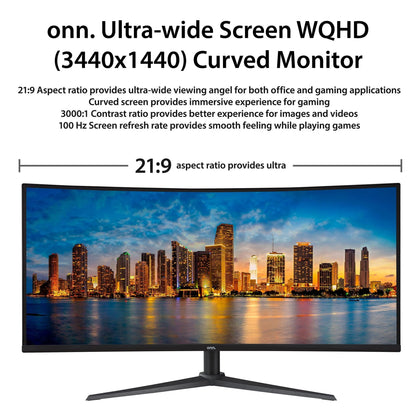 34" Curved Ultrawide WQHD (3440 X 1440P) 100Hz Bezel-Less Office Monitor with Cable, Black